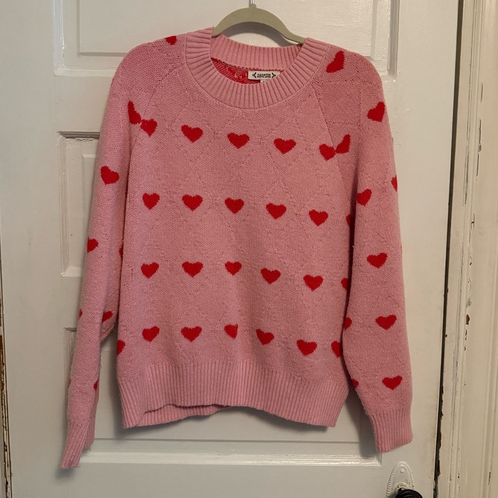 Nanette Lepore Pink Sweater with Red Heart Pattern